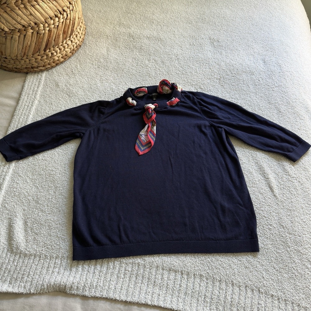 Talbots Plus Petite XP Navy Sweater Attached Scarf Neck Chain Print Quiet Luxury
